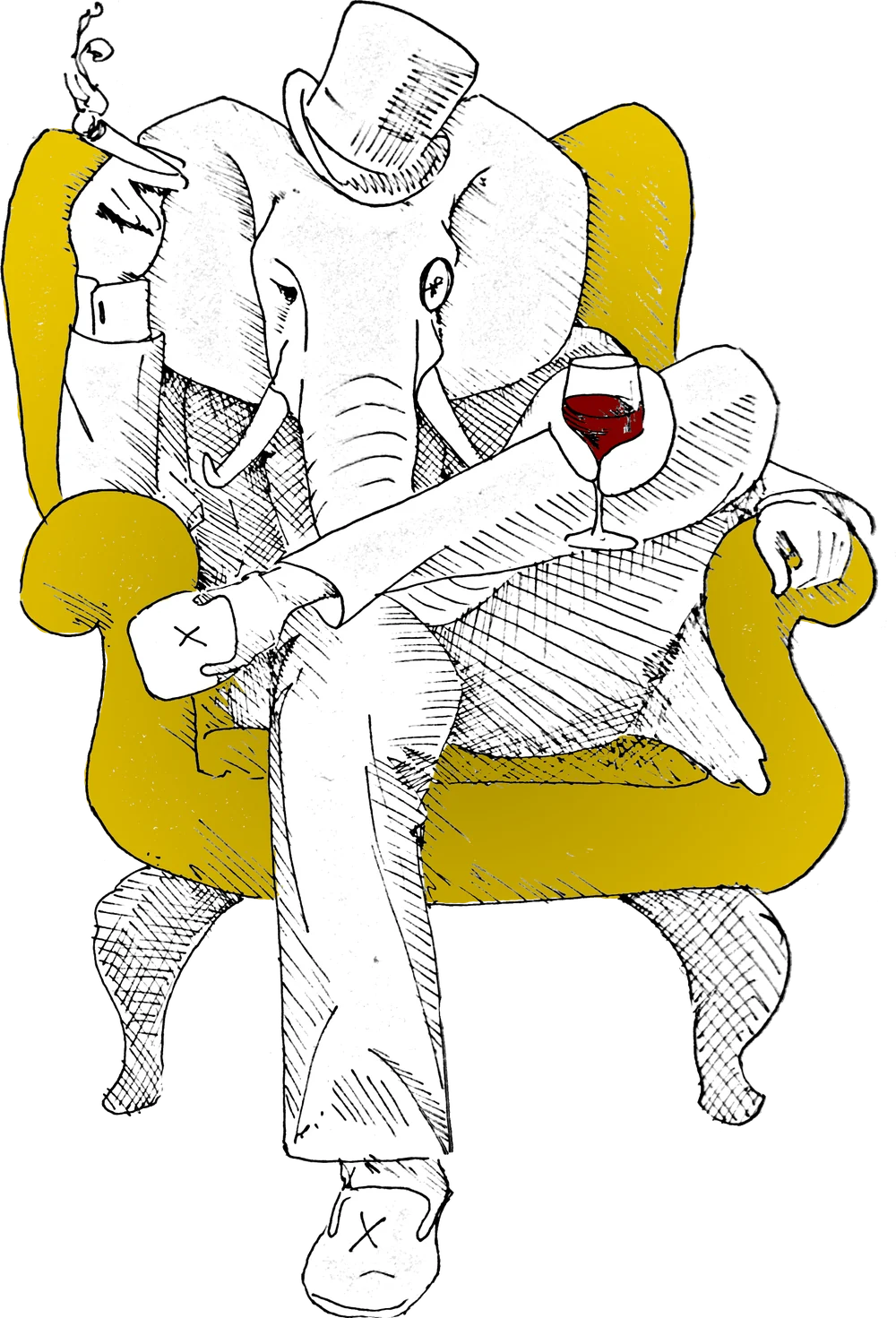 Pen-and-ink drawing of an elephant in a top hat and monocle, seated in a mustard armchair with a cigar and a glass of red wine