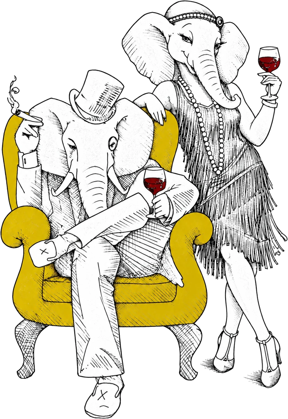 Pen-and-ink drawing of two elephants with glasses of red wine: one in a top hat and monocle, seated in a mustard armchair with a cigar; the other in a 1920s fringed dress and pearls, leaning on the chair